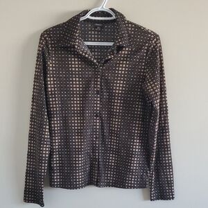 Mexx Brown Geometric Patttern Button Up Shirt Blouse Sz L M Career Y2K 90's